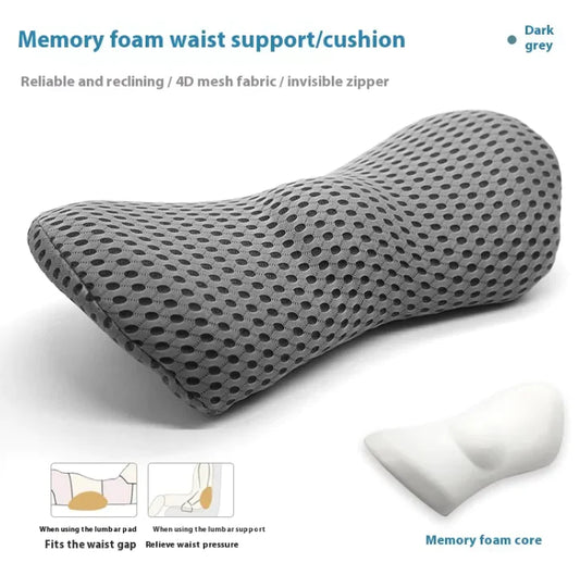 Ergonomisches Lendenkissen aus Memory-Schaum in Dunkelgrau mit strukturierter Hülle und passendem Kissen.