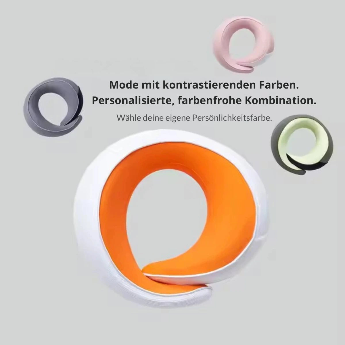 U-förmige Memory Foam Nackenkissen in vier kontrastierenden Farben (Orange-Weiß, Rosa, Grau, Grün) – personalisierbare, farbenfrohe Auswahl